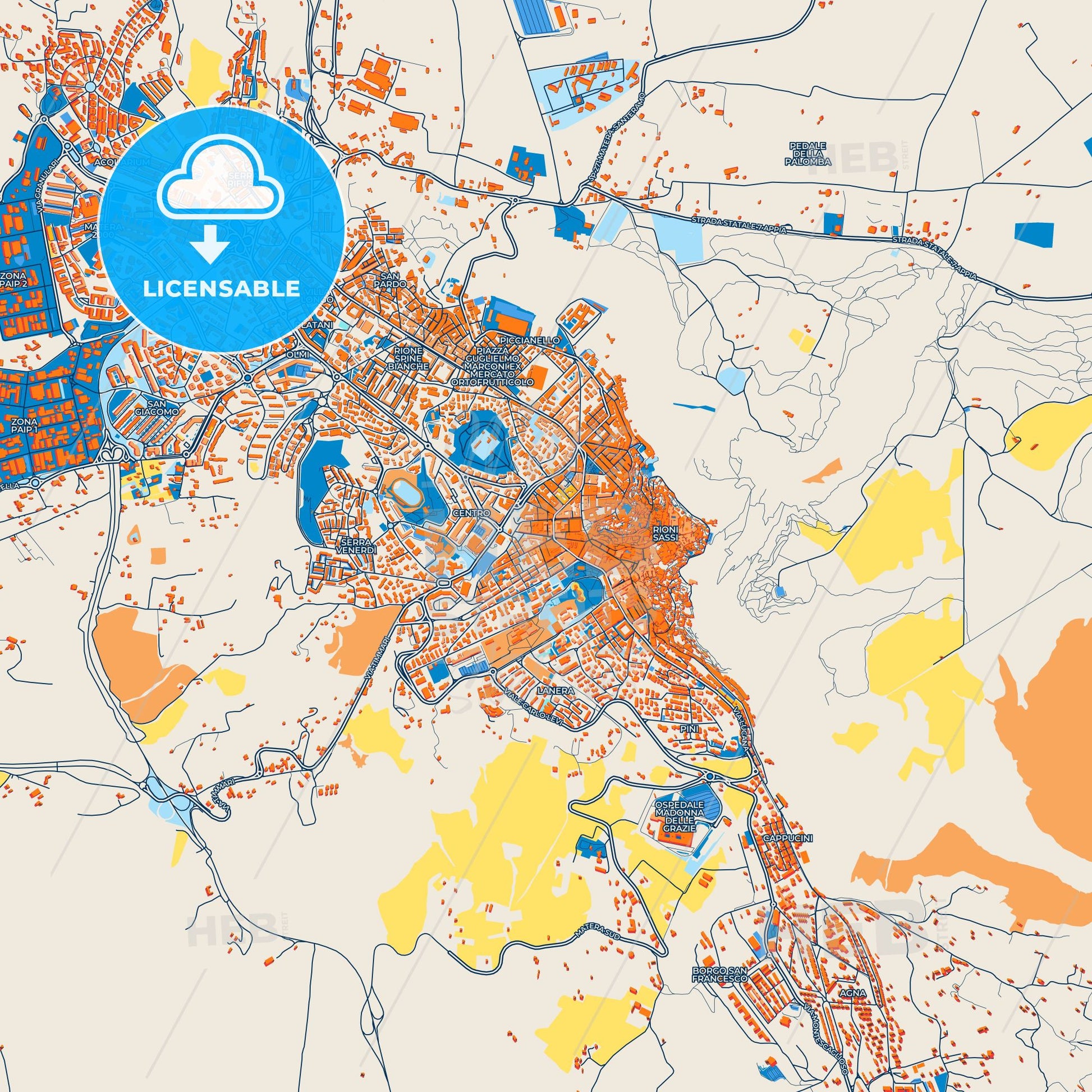 Colorful Matera Street Map with Labels and Buildings