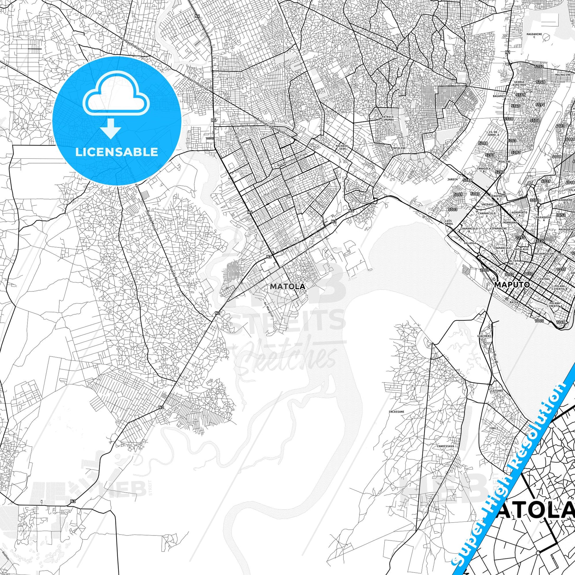 Matola, Mozambique light map with streetnames, citynames and districts