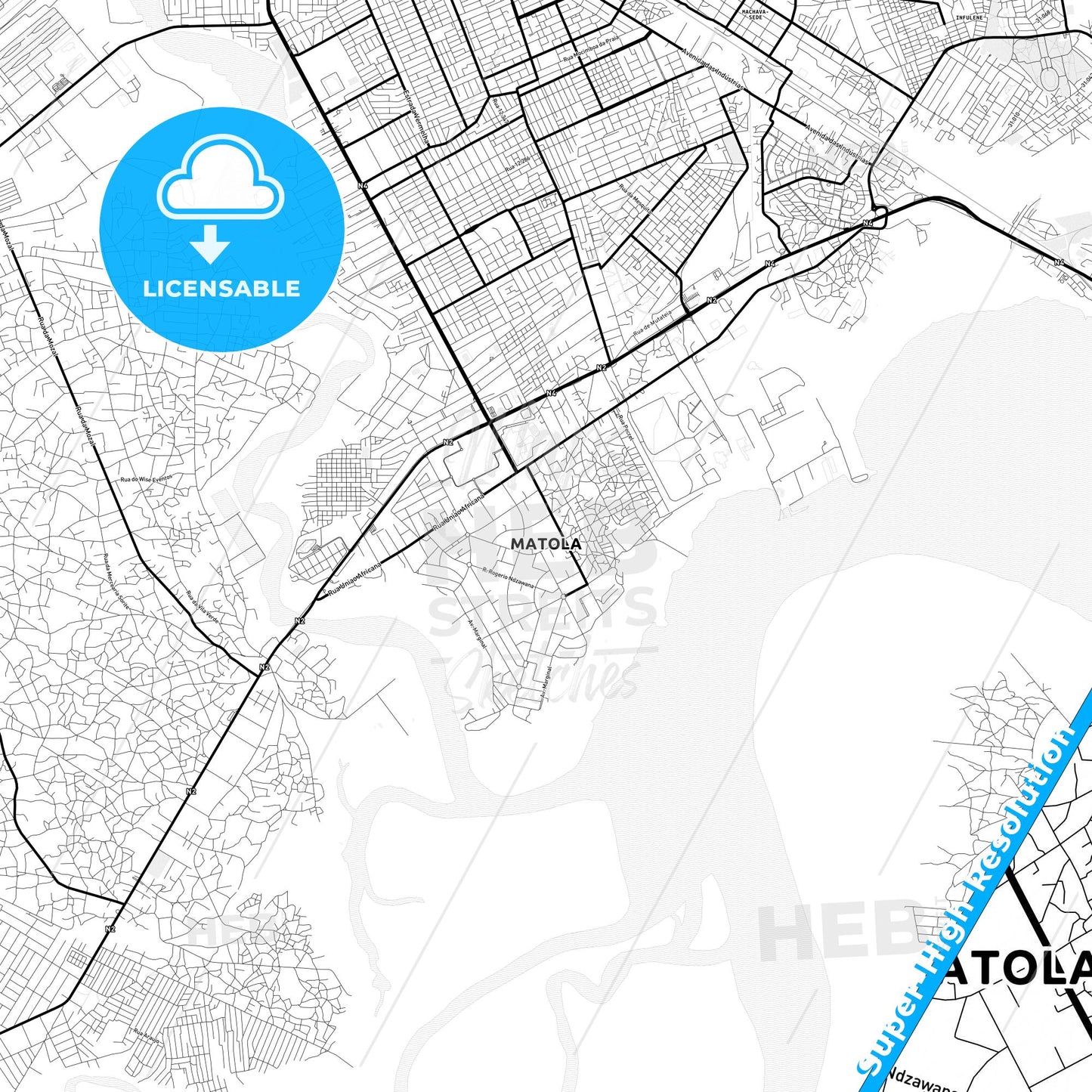 Matola, Mozambique Light Map with Street Names, City Names, and Districts