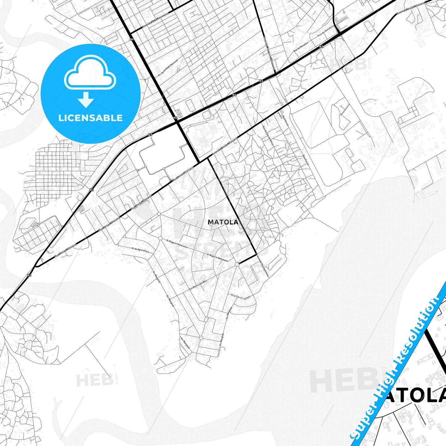 Matola, Mozambique Light Map with Street Names, City Names, and Districts
