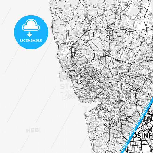 Matosinhos, Portugal light map with streetnames, citynames and districts