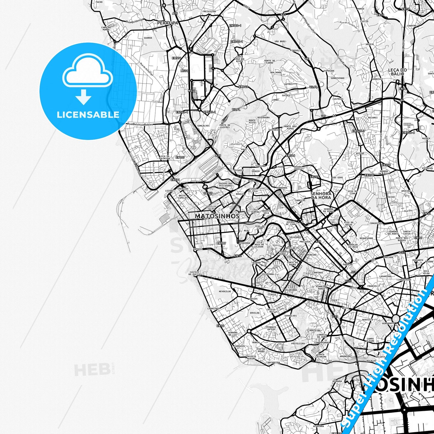 Matosinhos, Portugal Light Map with Street Names, City Names, and Districts