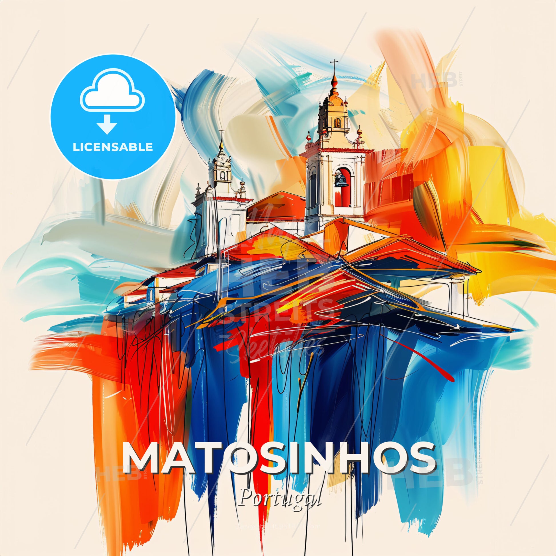 Vibrant Matosinhos, Portugal - A Painting Of A Building With A Tower And Colorful Paint - Square format print template