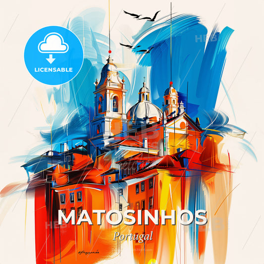 Vibrant Matosinhos, Portugal - A Painting Of A Building With A Dome And A Tower - Square format print template