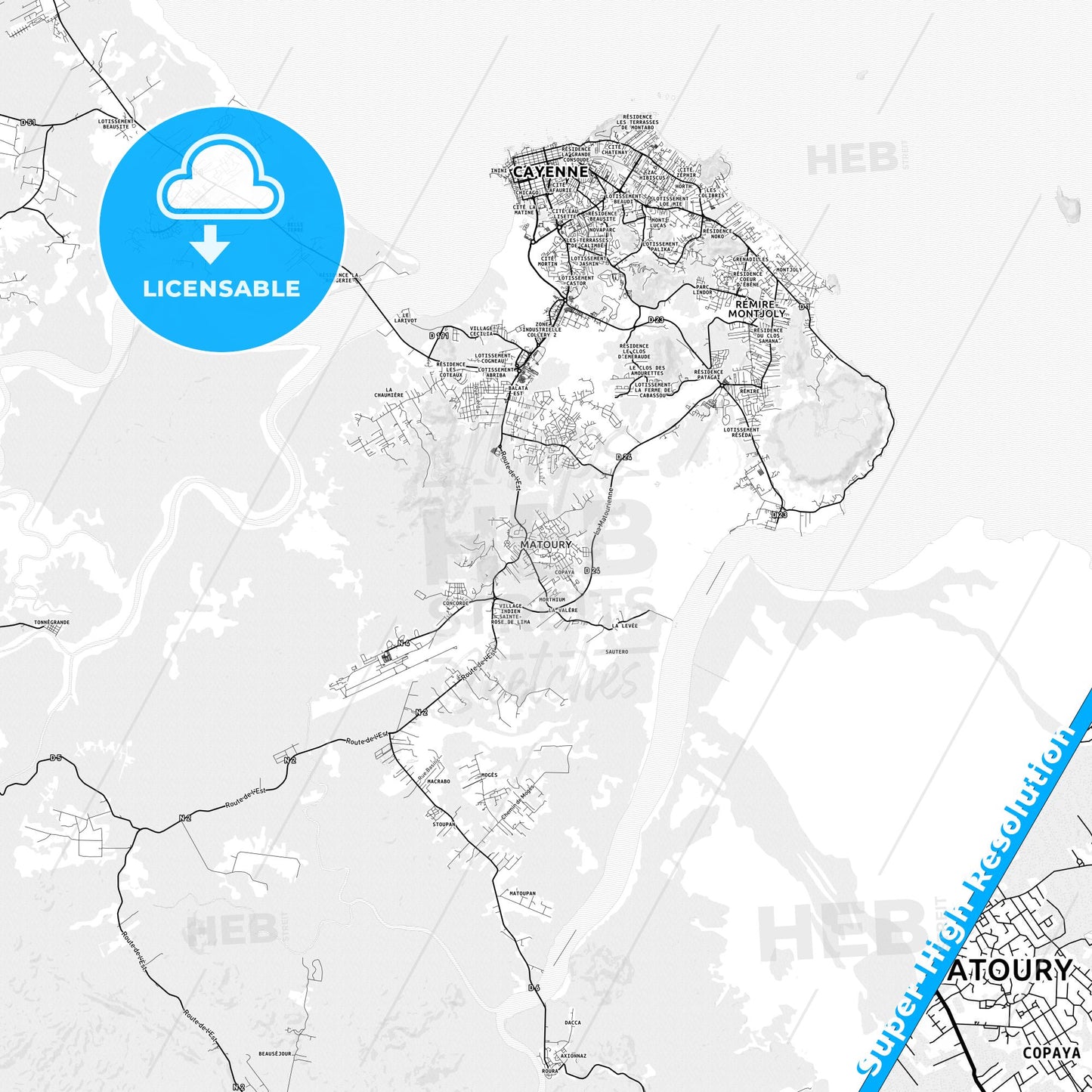 Matoury, France light map with streetnames, citynames and districts