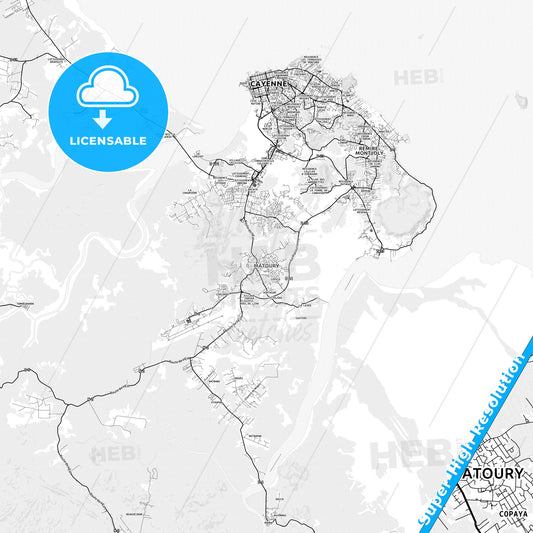 Matoury, France light map with streetnames, citynames and districts