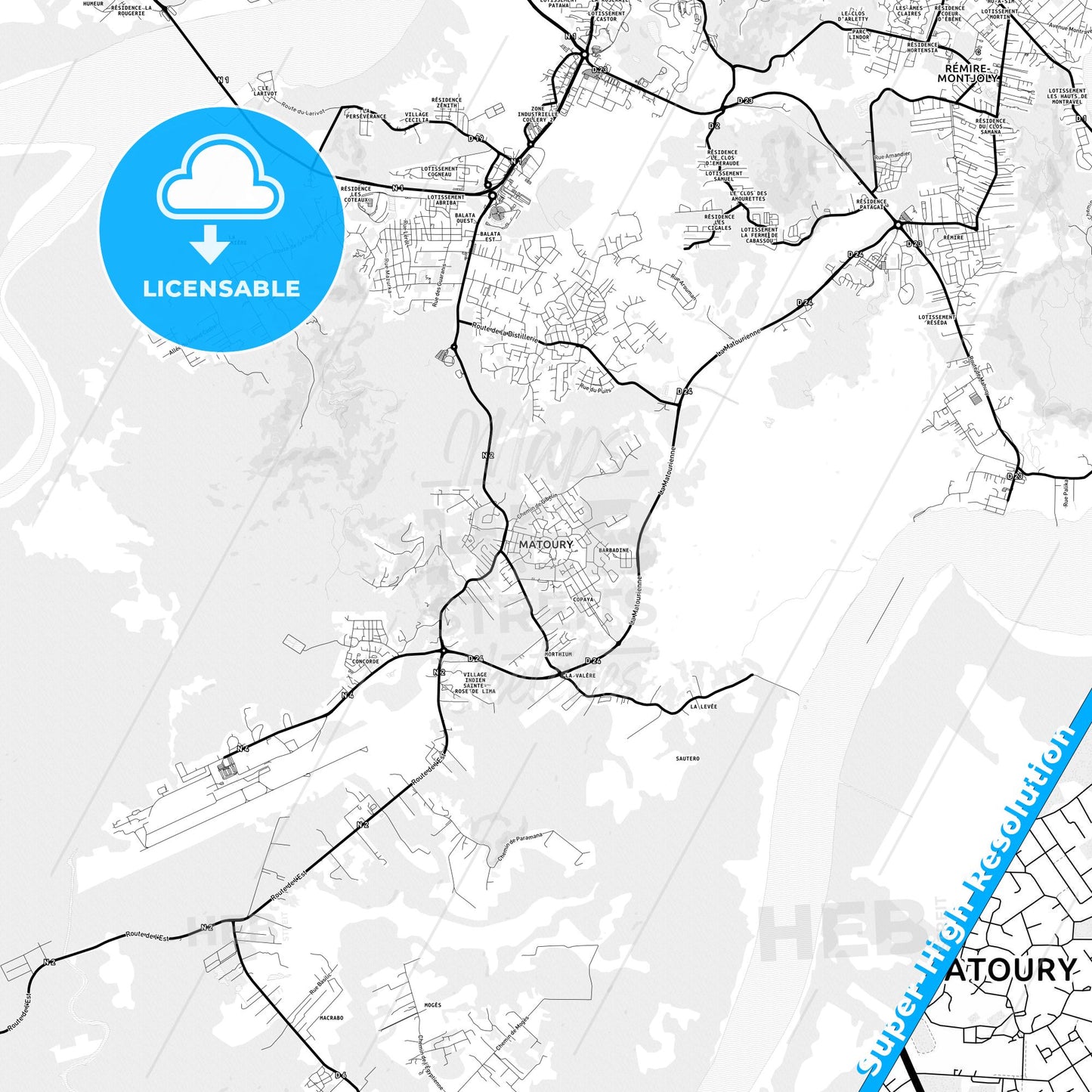 Matoury, France Light Map with Street Names, City Names, and Districts
