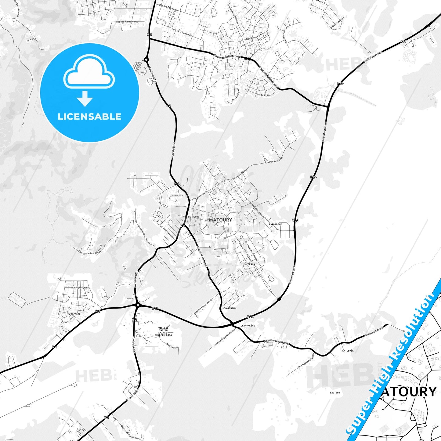 Matoury, France Light Map with Street Names, City Names, and Districts