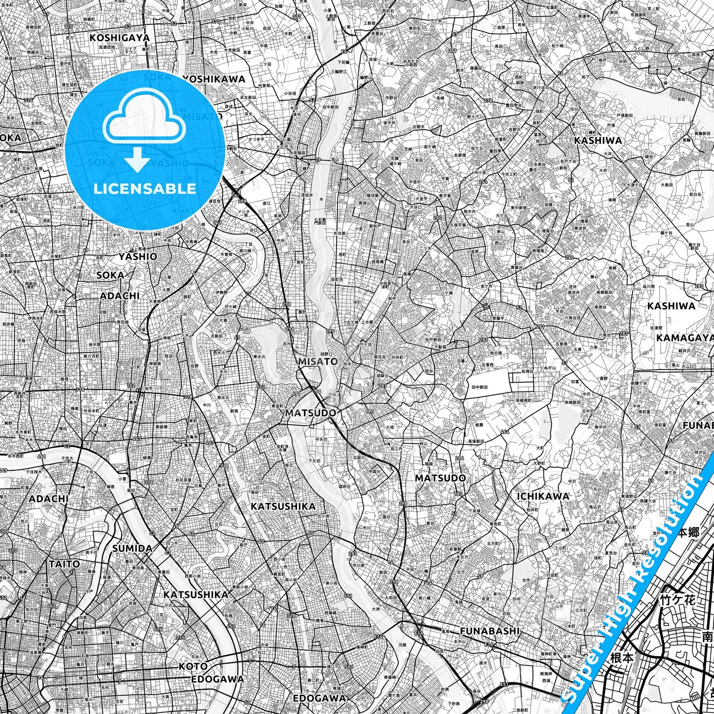 Matsudo, Japan light map with streetnames, citynames and districts