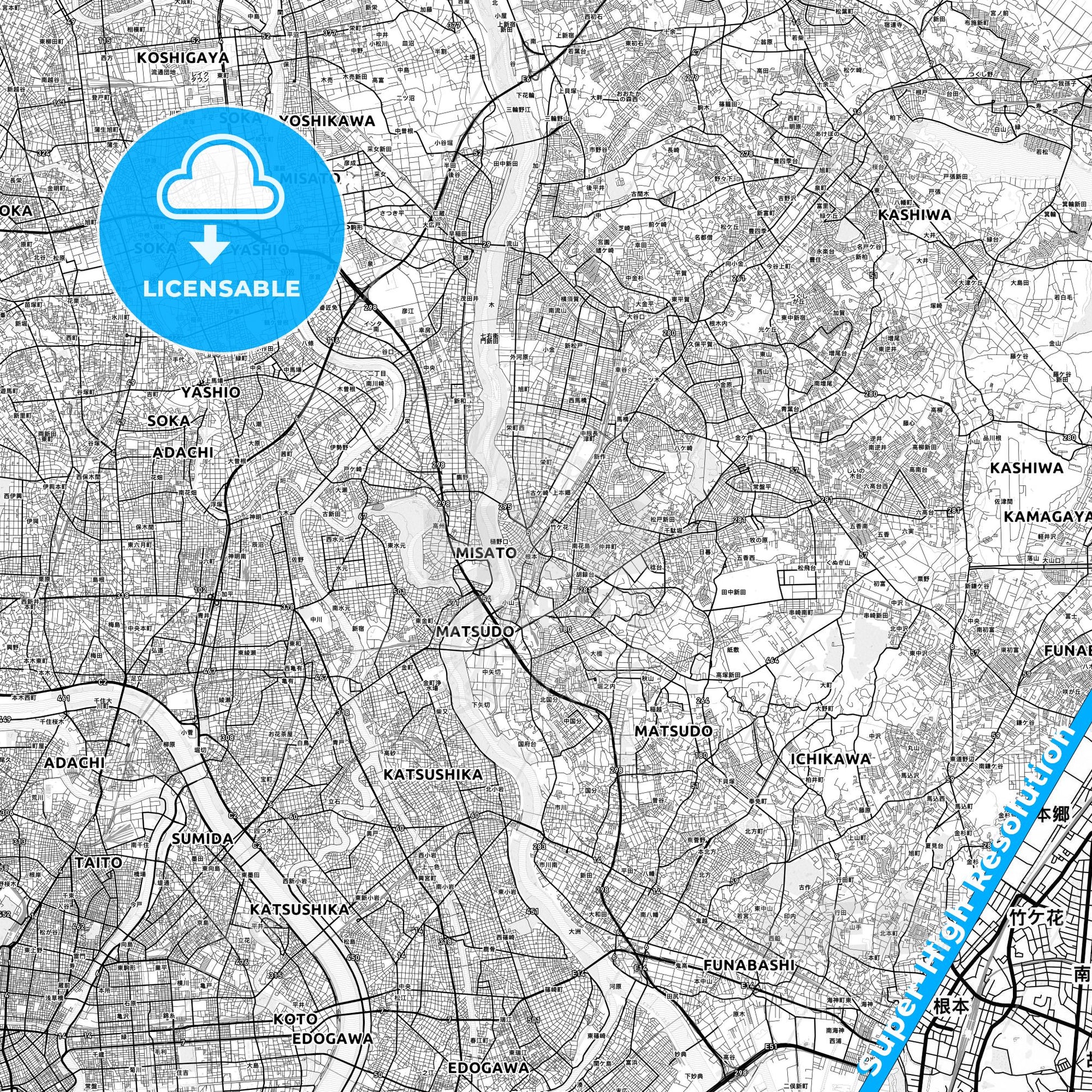 Matsudo, Japan light map with streetnames, citynames and districts