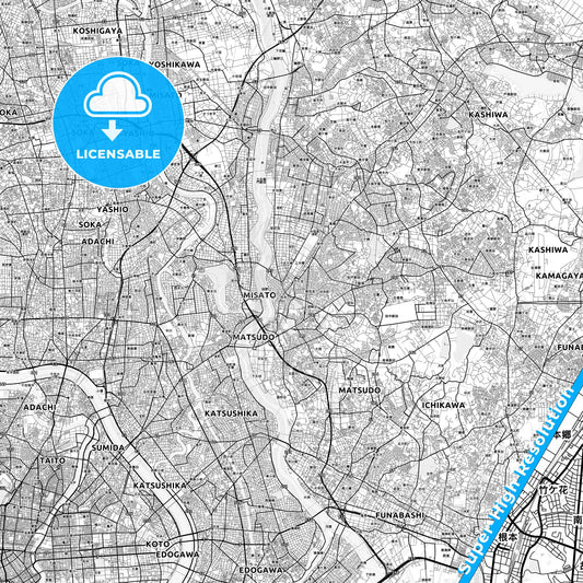 Matsudo, Japan light map with streetnames, citynames and districts