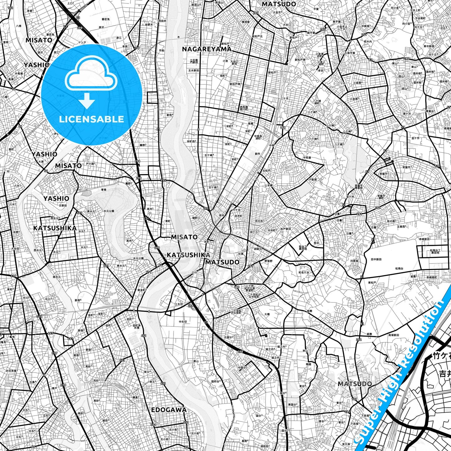 Matsudo, Japan Light Map with Street Names, City Names, and Districts