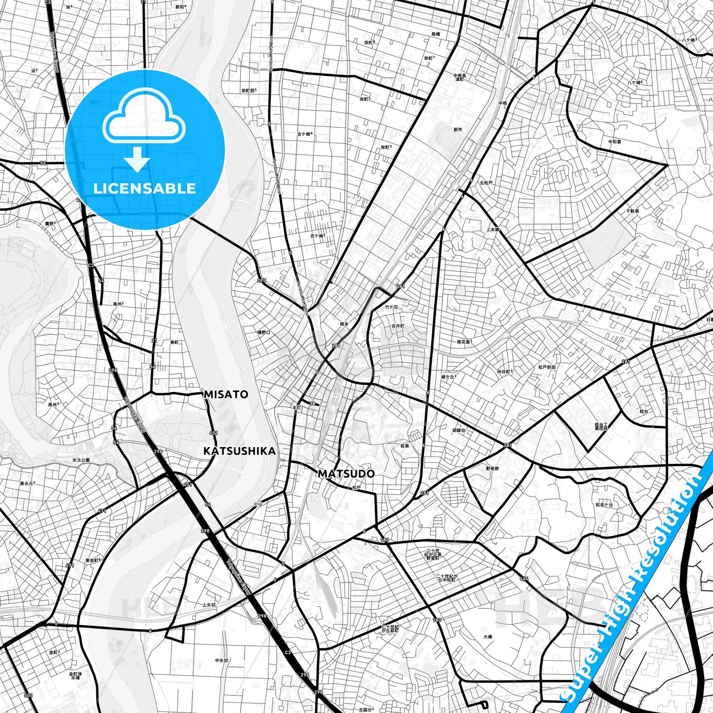 Matsudo, Japan Light Map with Street Names, City Names, and Districts