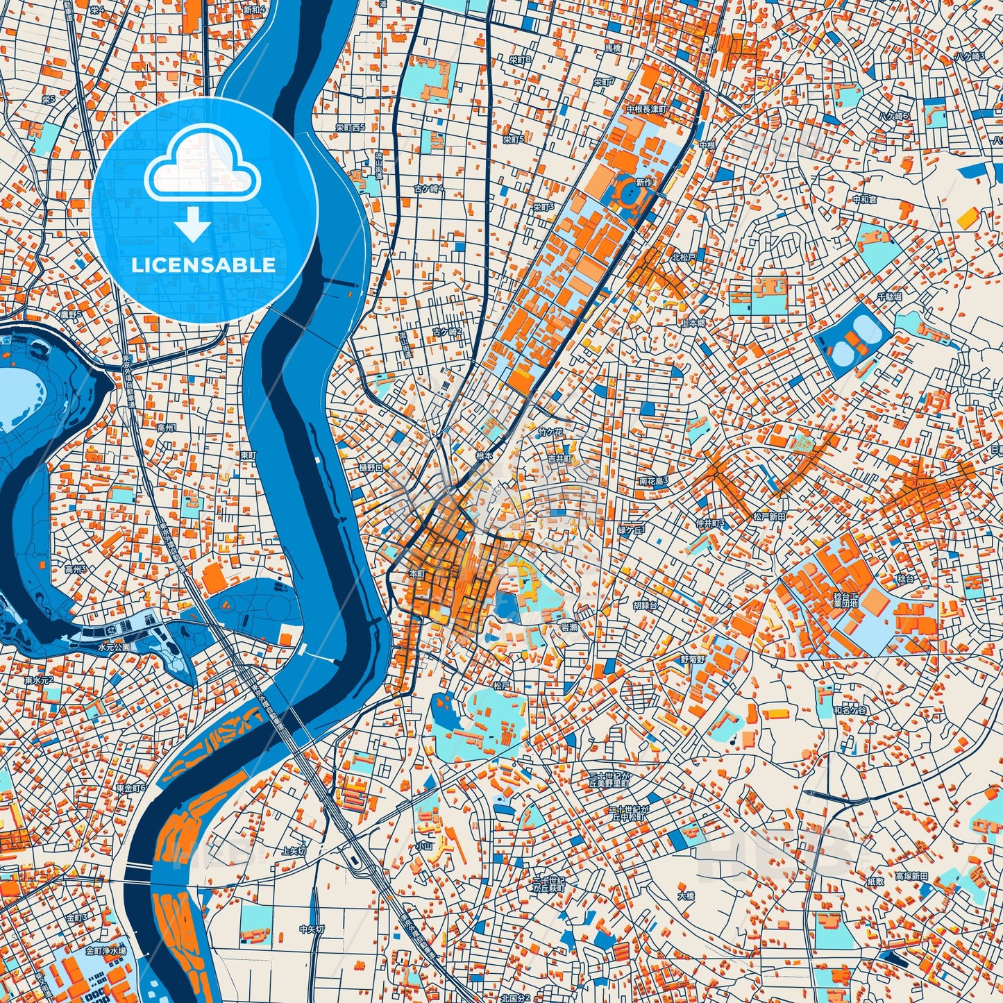 Colorful Matsudo Street Map with Labels and Buildings
