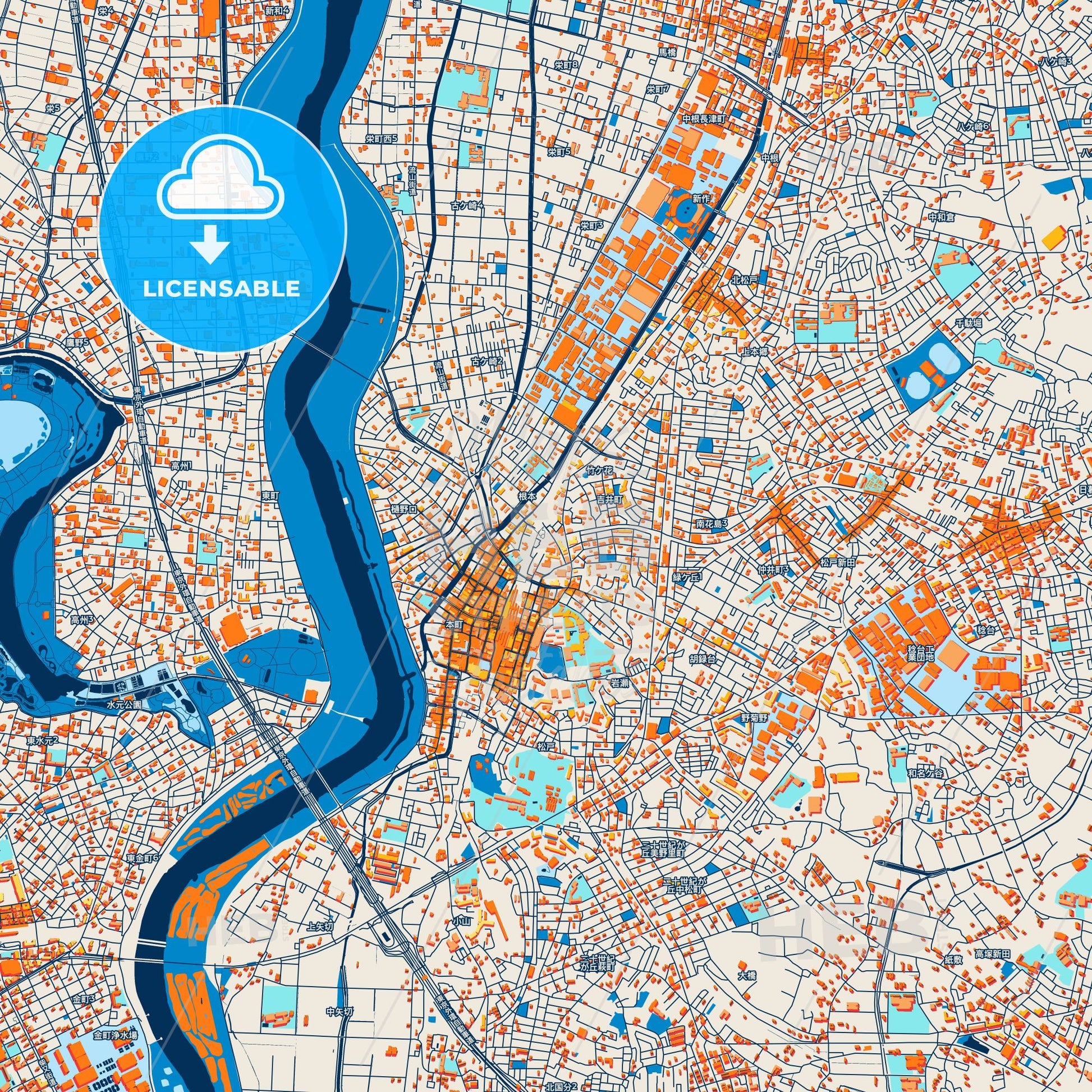 Colorful Matsudo Street Map with Labels and Buildings