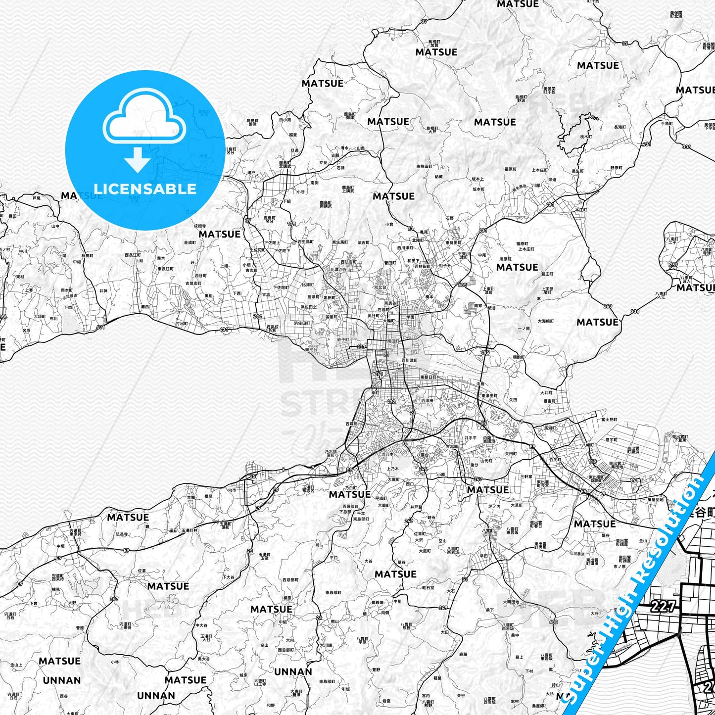 Matsue, Japan light map with streetnames, citynames and districts