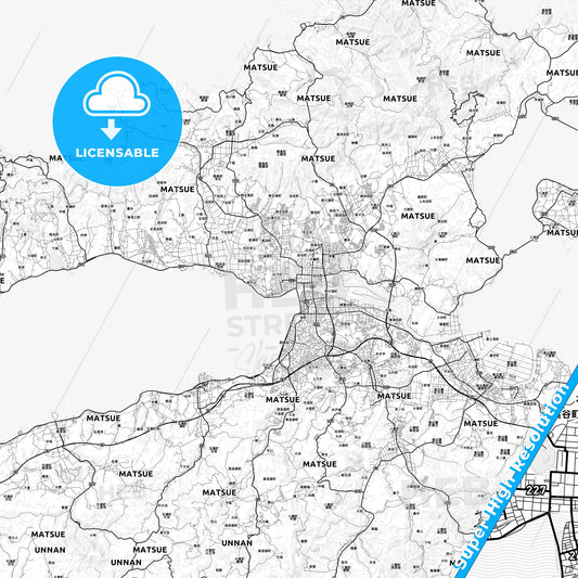 Matsue, Japan light map with streetnames, citynames and districts
