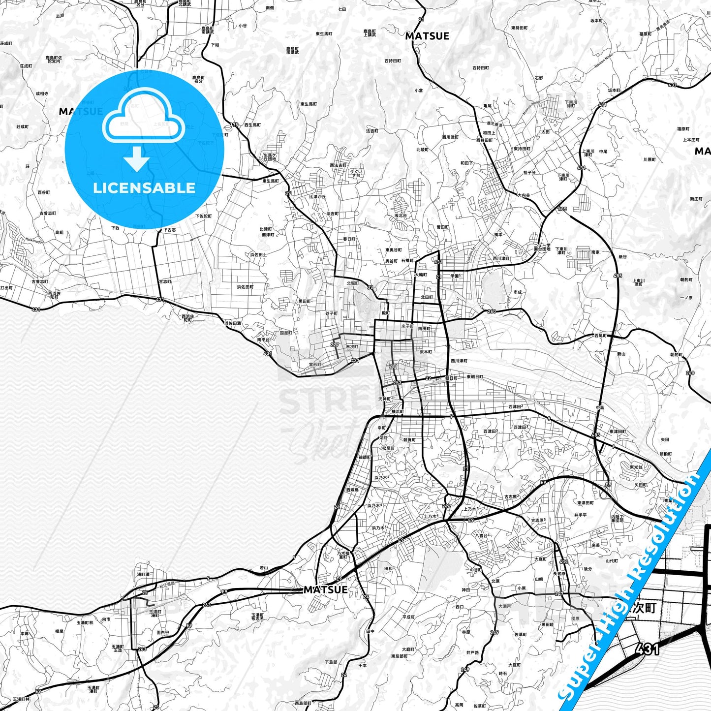 Matsue, Japan Light Map with Street Names, City Names, and Districts