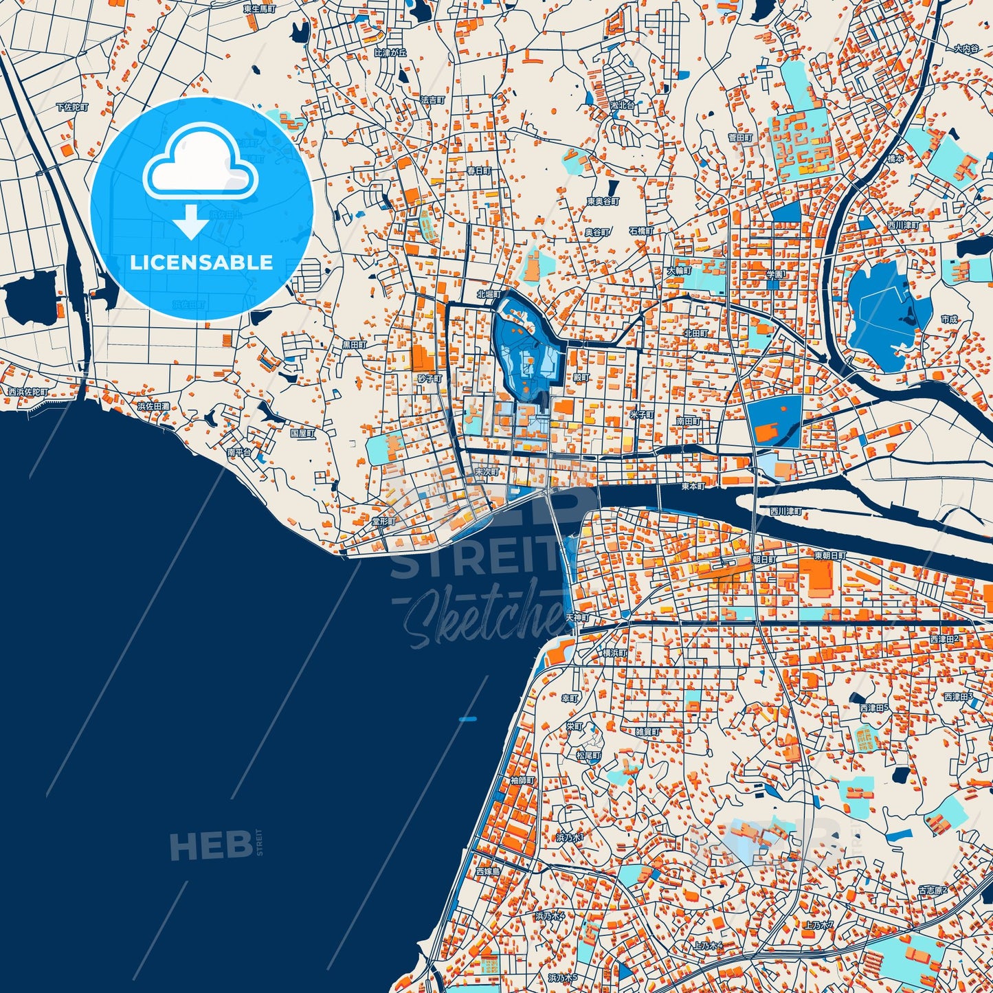 Colorful Matsue Street Map with Labels and Buildings