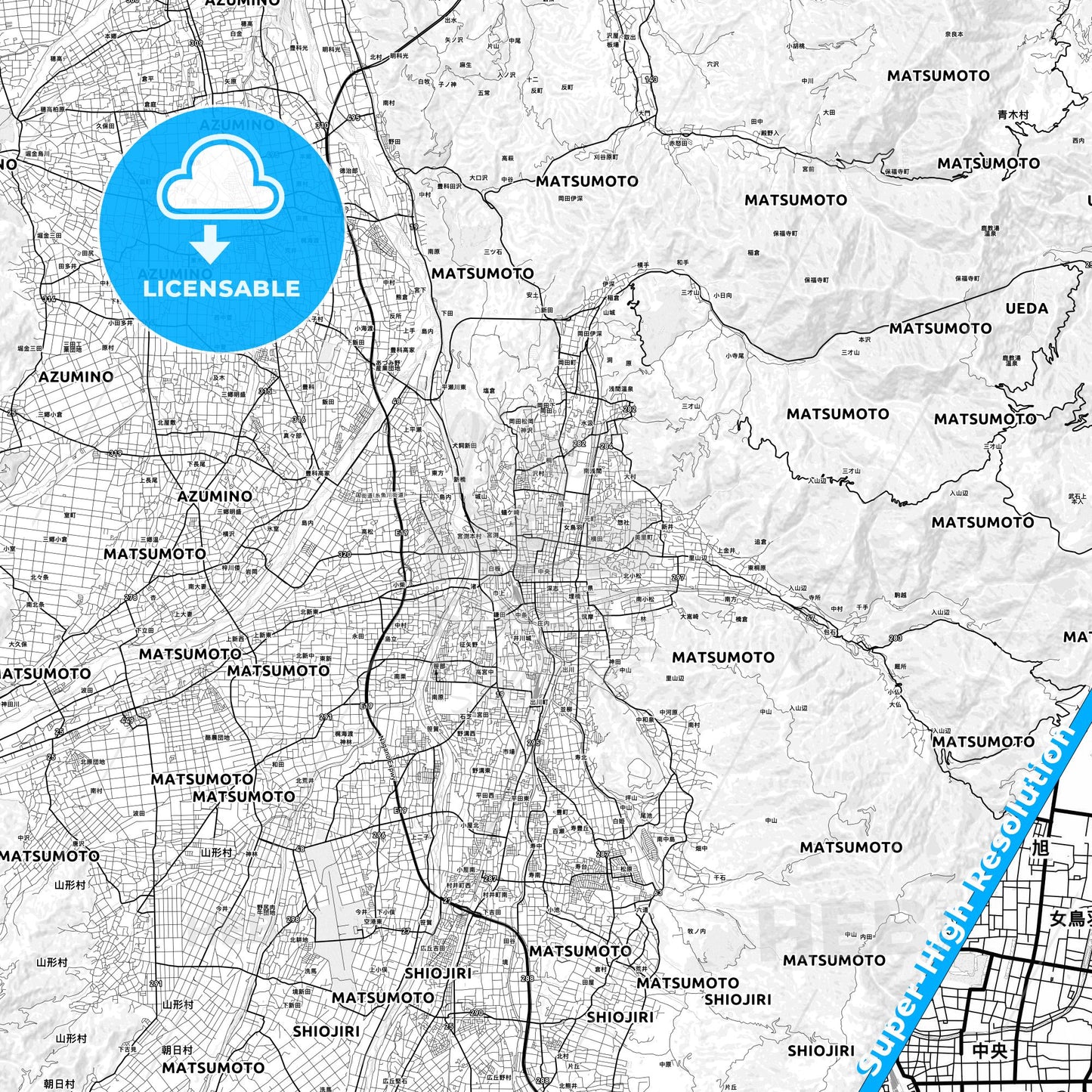 Matsumoto, Japan light map with streetnames, citynames and districts