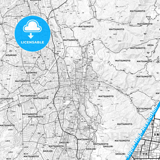 Matsumoto, Japan light map with streetnames, citynames and districts