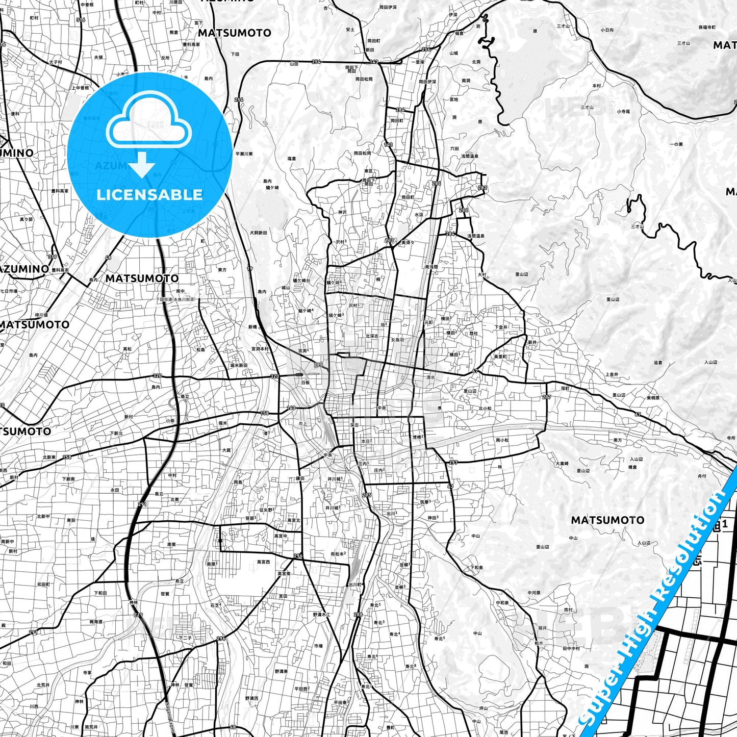 Matsumoto, Japan Light Map with Street Names, City Names, and Districts