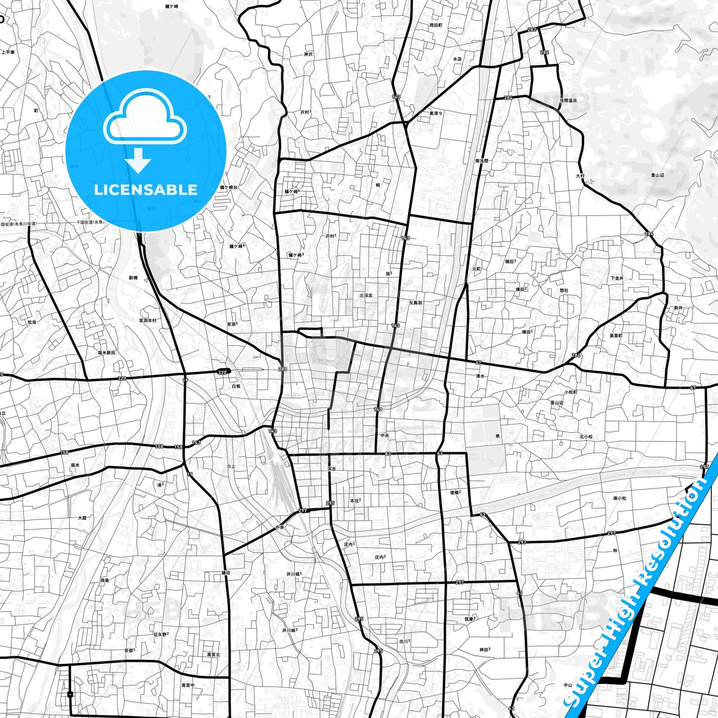 Matsumoto, Japan Light Map with Street Names, City Names, and Districts