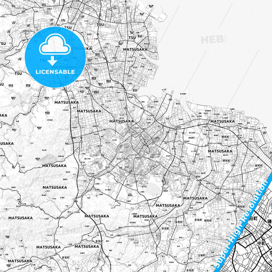 Matsusaka, Japan light map with streetnames, citynames and districts