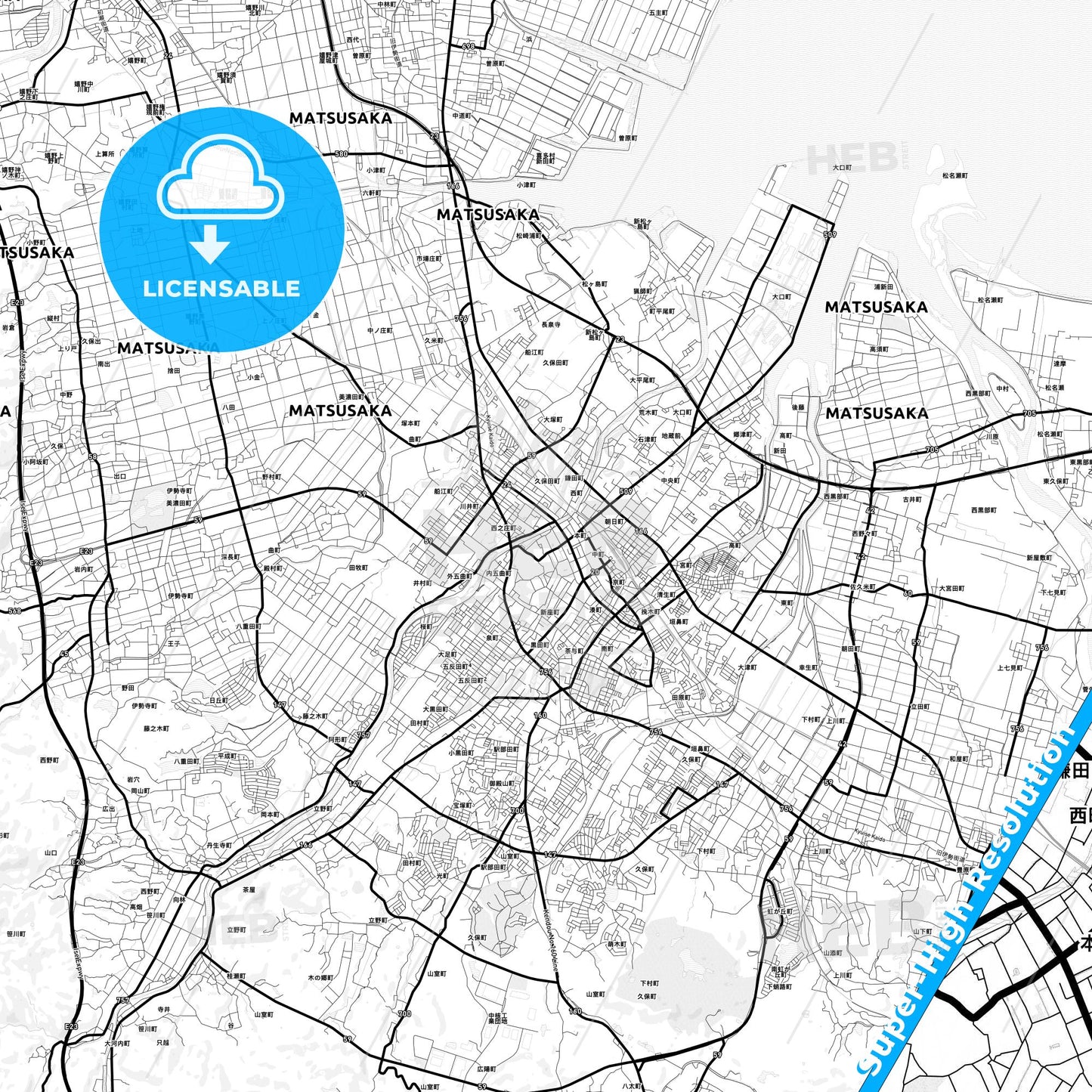 Matsusaka, Japan Light Map with Street Names, City Names, and Districts