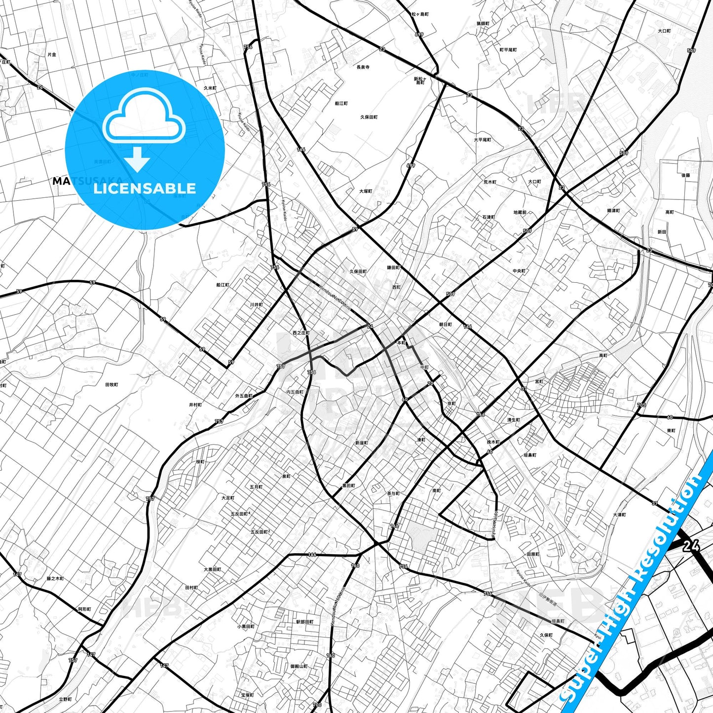Matsusaka, Japan Light Map with Street Names, City Names, and Districts