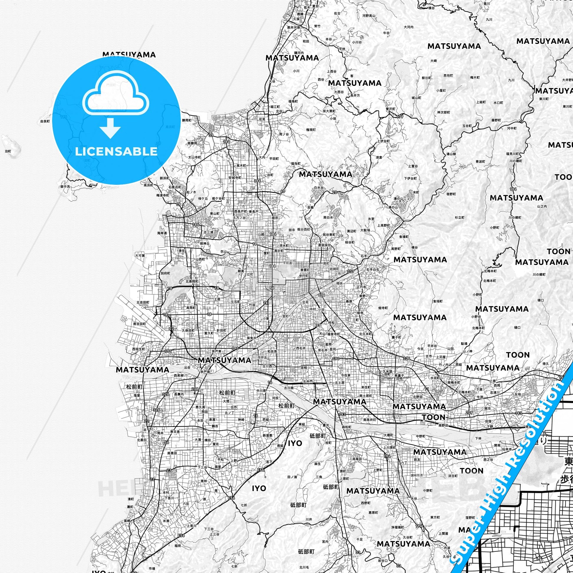 Matsuyama, Japan light map with streetnames, citynames and districts