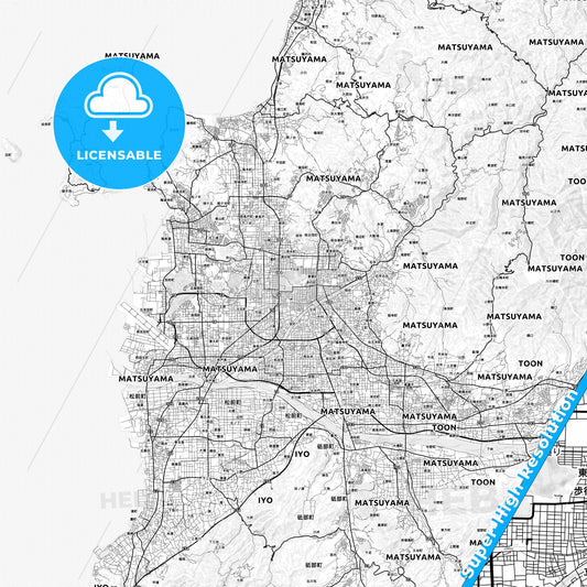 Matsuyama, Japan light map with streetnames, citynames and districts