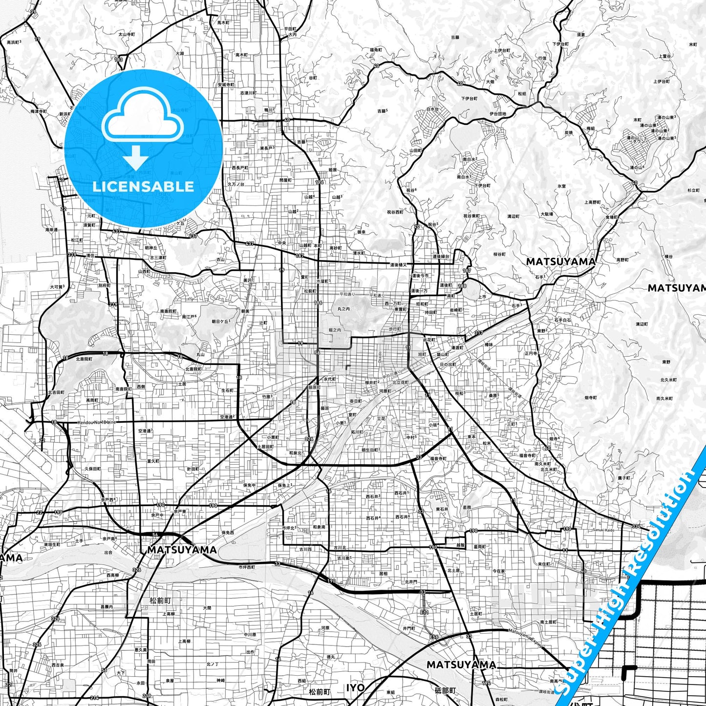 Matsuyama, Japan Light Map with Street Names, City Names, and Districts