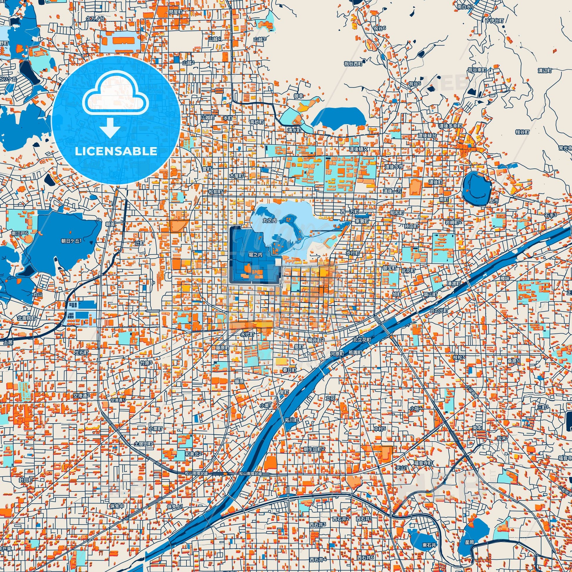Colorful Matsuyama Street Map with Labels and Buildings