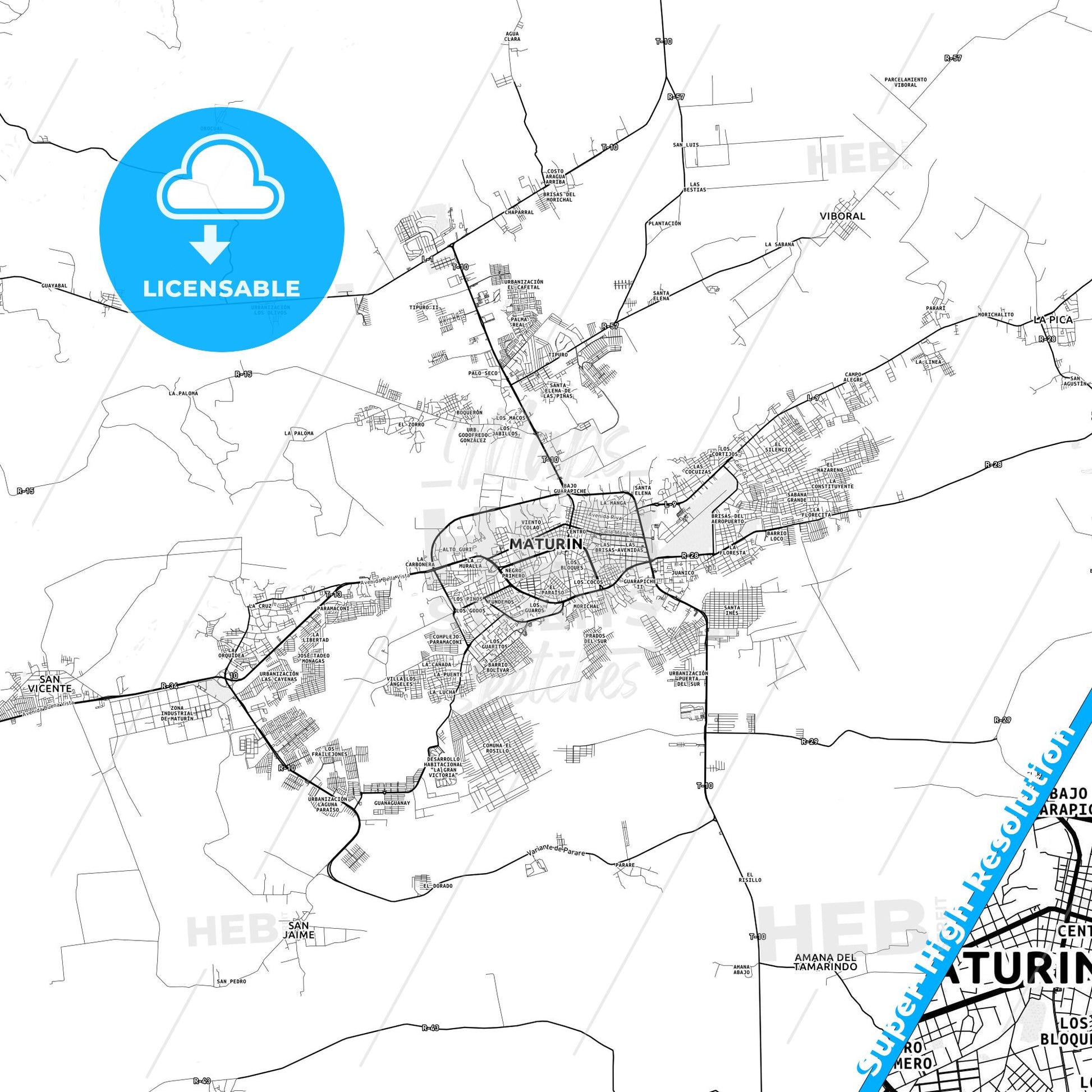 Maturin, Venezuela light map with streetnames, citynames and districts