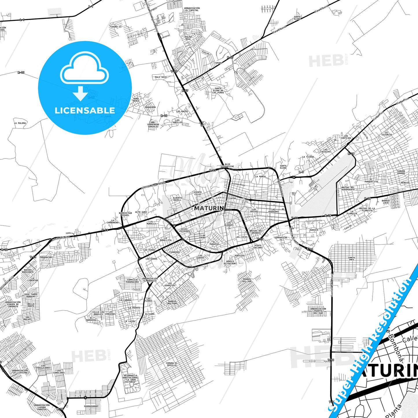 Maturin, Venezuela Light Map with Street Names, City Names, and Districts