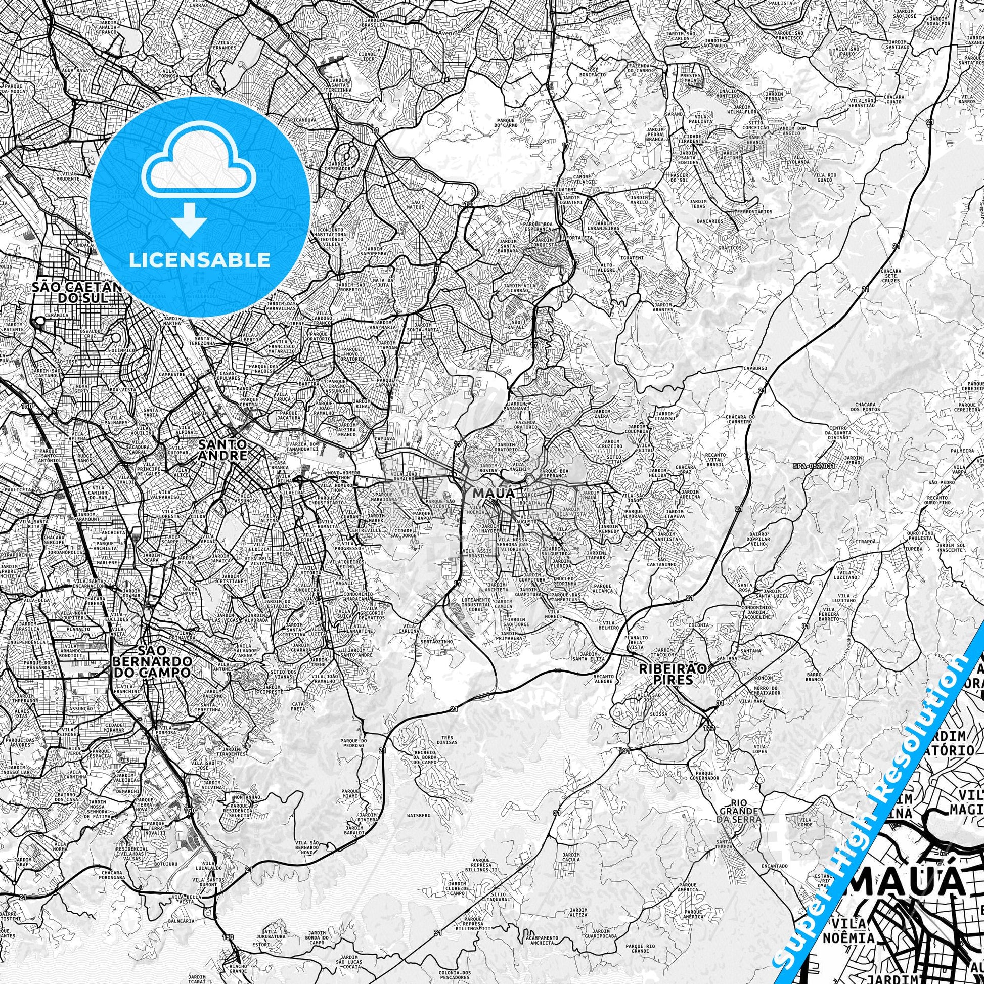 Maua, Brazil light map with streetnames, citynames and districts