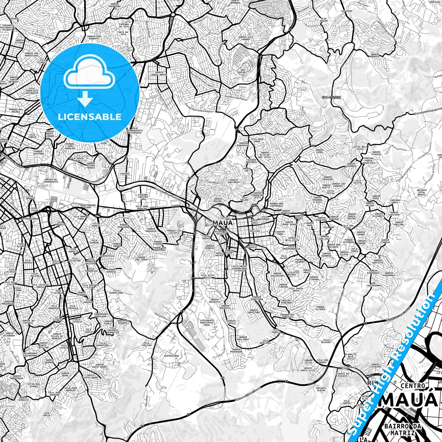 Maua, Brazil Light Map with Street Names, City Names, and Districts