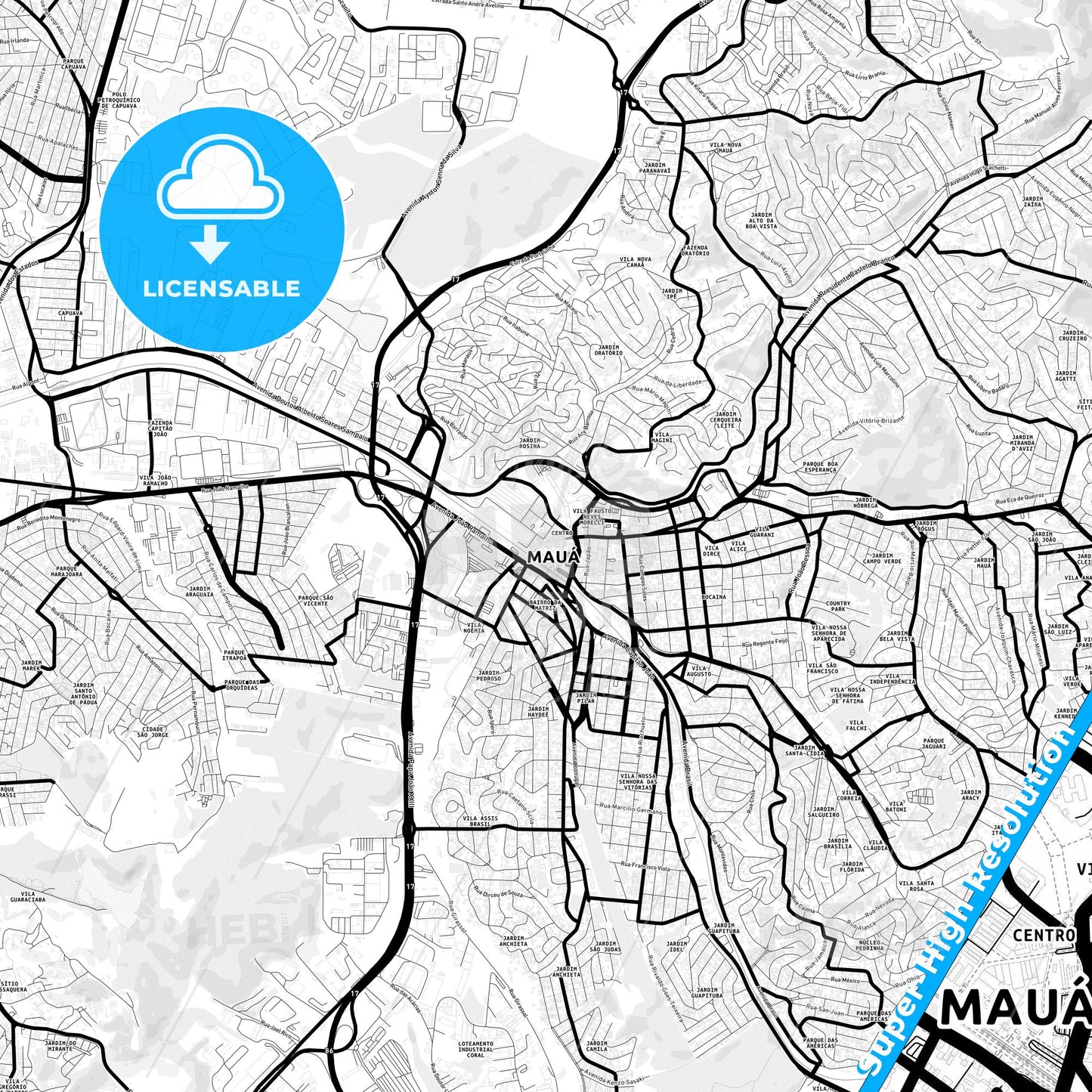 Maua, Brazil Light Map with Street Names, City Names, and Districts