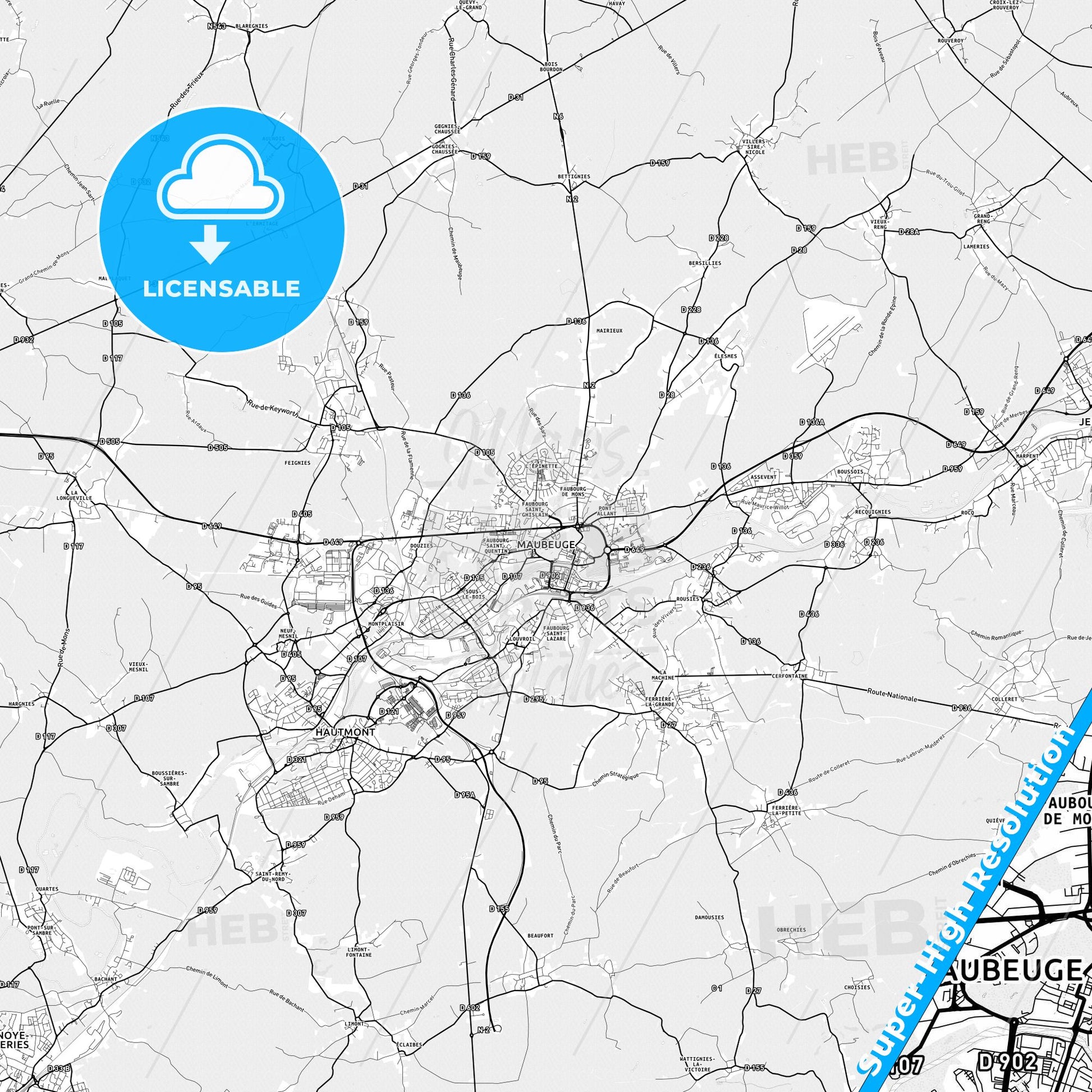 Maubeuge, France light map with streetnames, citynames and districts