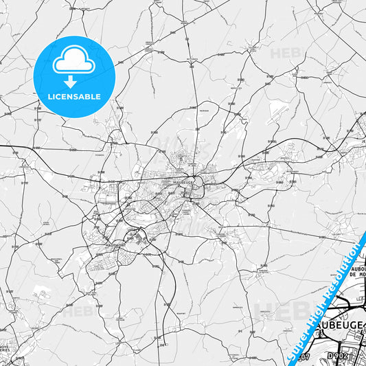 Maubeuge, France light map with streetnames, citynames and districts