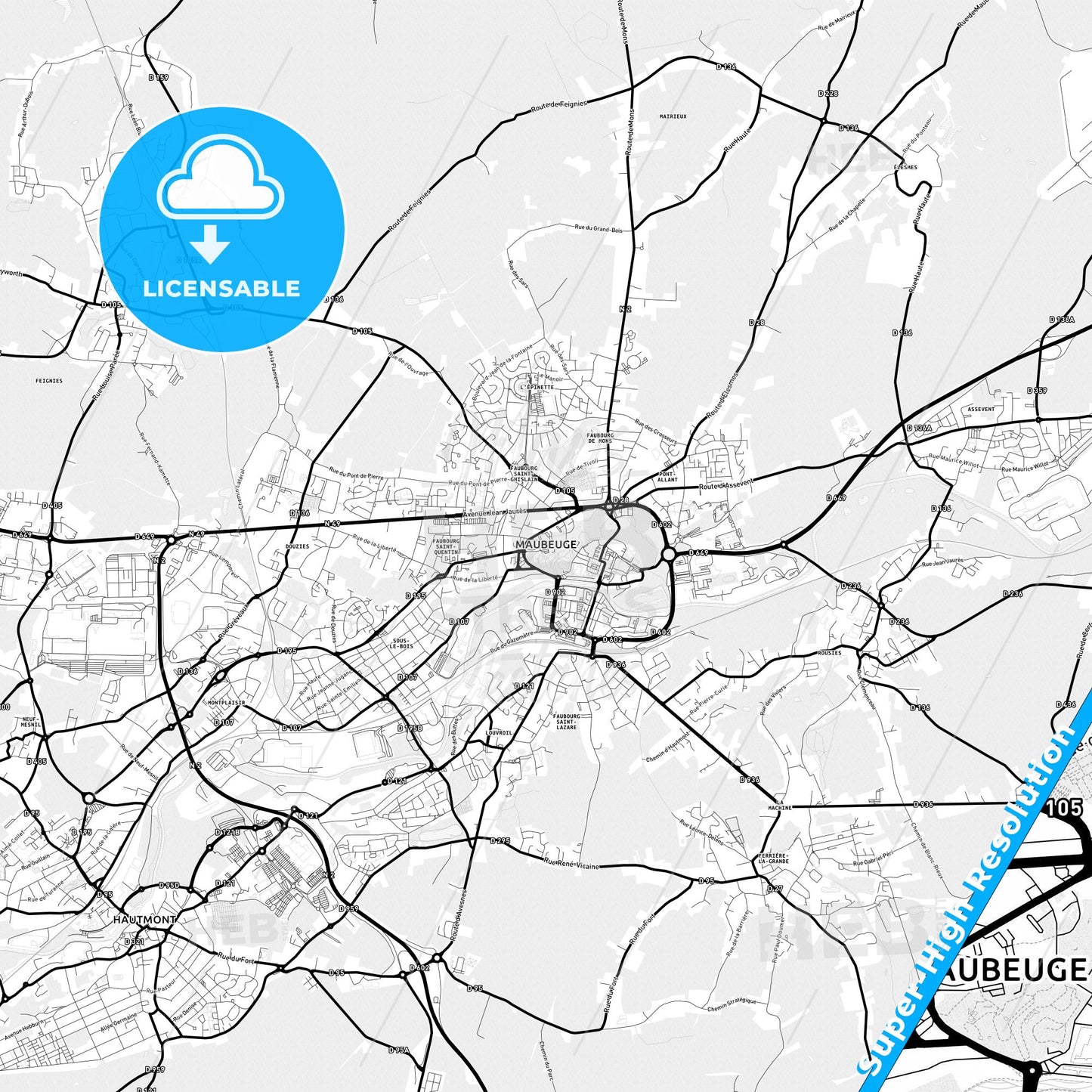 Maubeuge, France Light Map with Street Names, City Names, and Districts