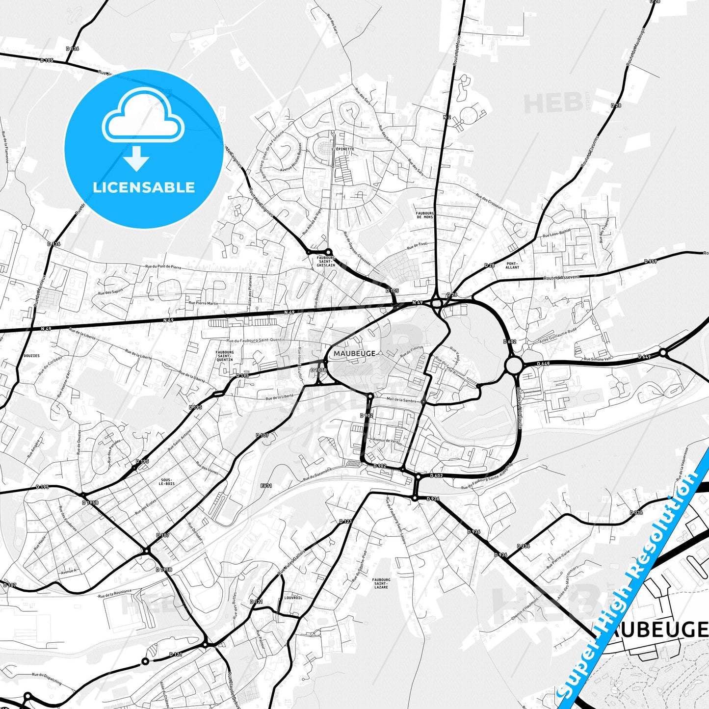 Maubeuge, France Light Map with Street Names, City Names, and Districts