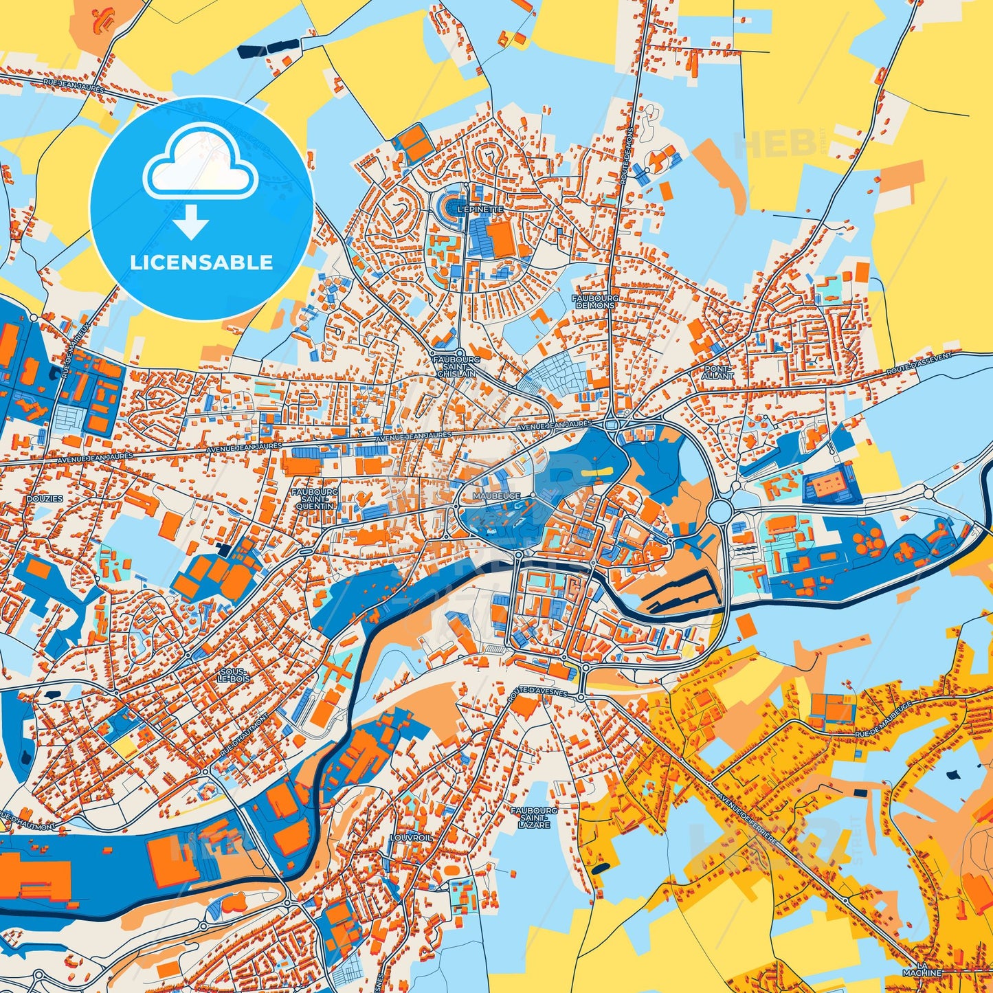 Colorful Maubeuge Street Map with Labels and Buildings