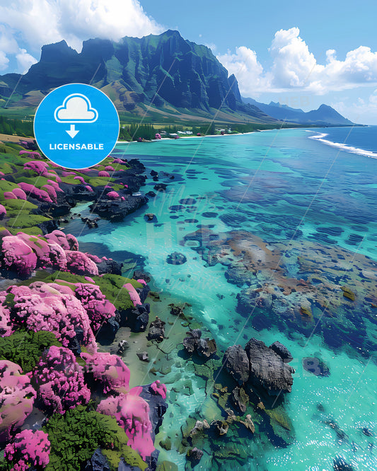 Vibrant Mauritius Artwork: Rocky Beach, Pink Flowers, Mountain, Pink Flowers, Blue Water, Art