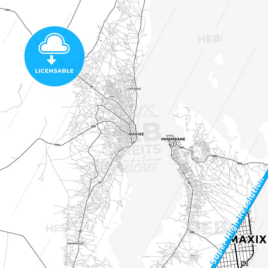 Maxixe, Mozambique light map with streetnames, citynames and districts