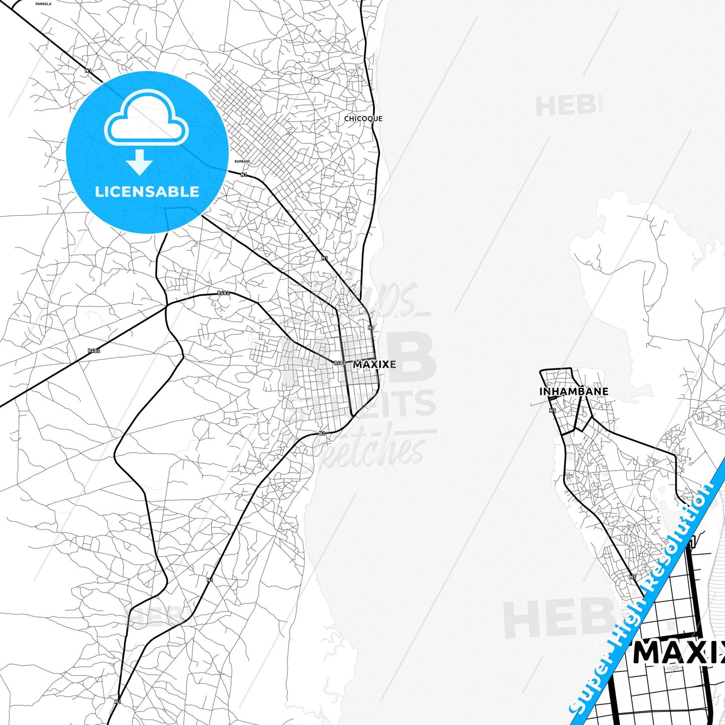Maxixe, Mozambique Light Map with Street Names, City Names, and Districts