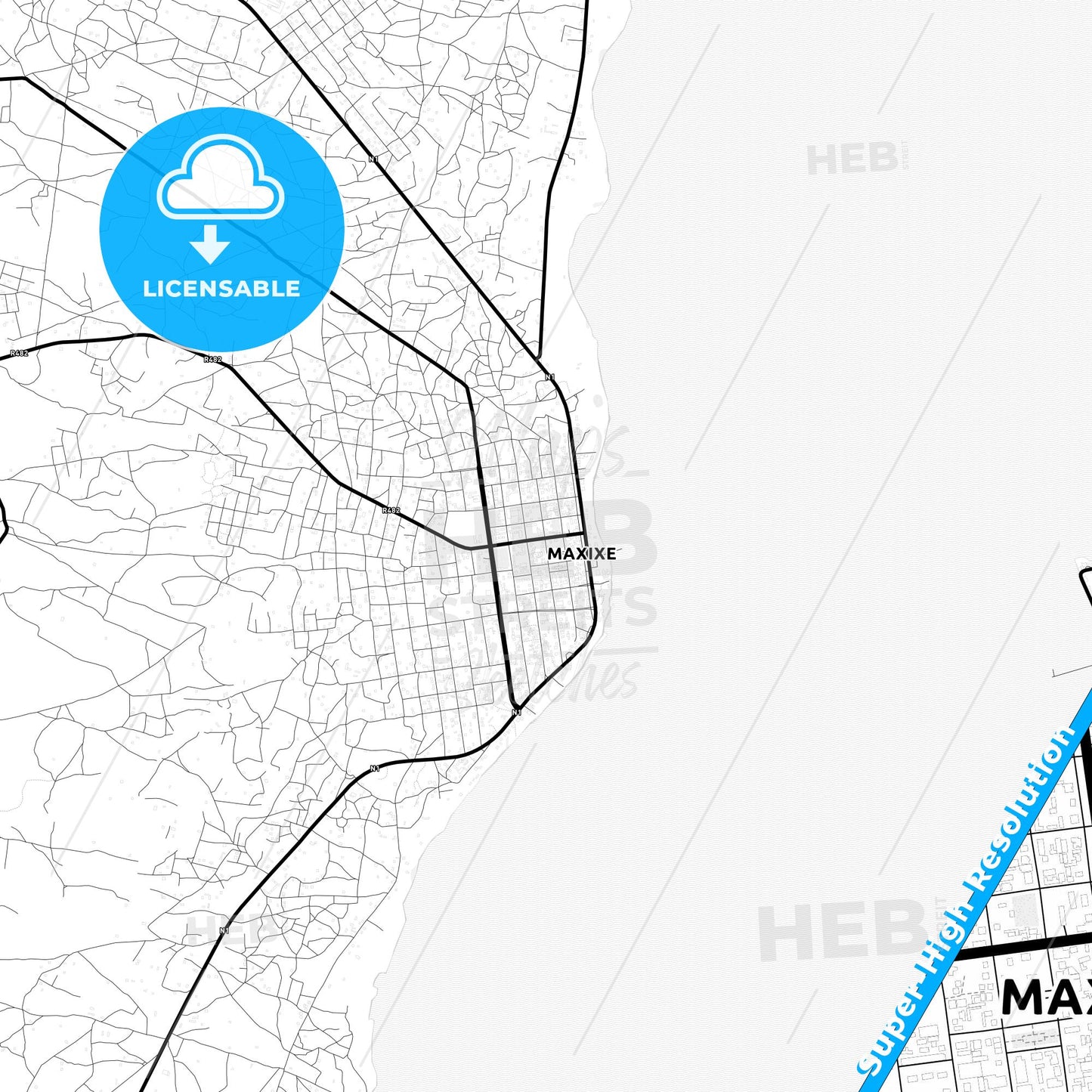 Maxixe, Mozambique Light Map with Street Names, City Names, and Districts