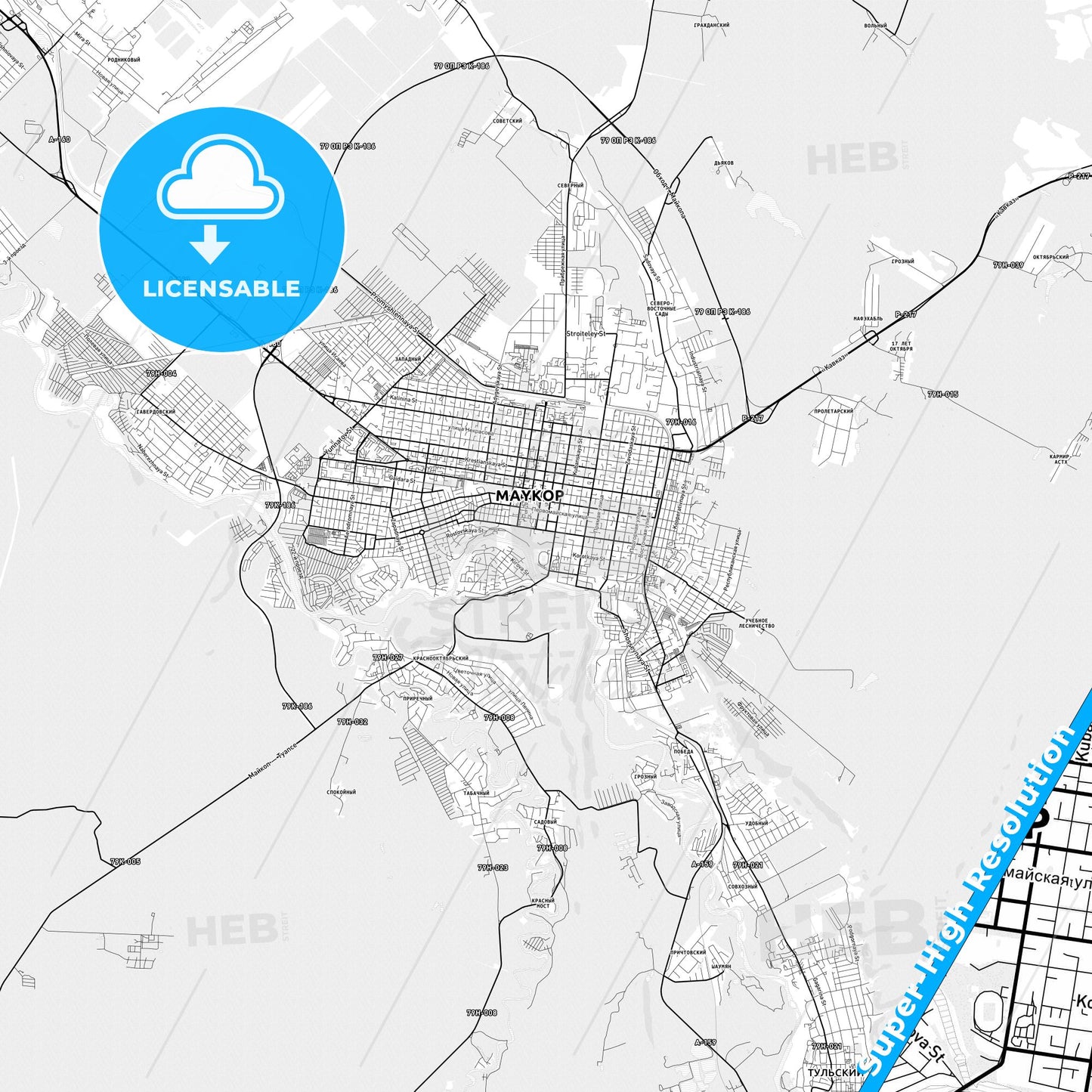 Maykop, Russia light map with streetnames, citynames and districts