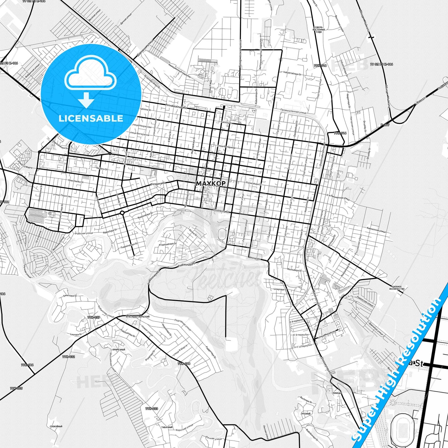 Maykop, Russia Light Map with Street Names, City Names, and Districts